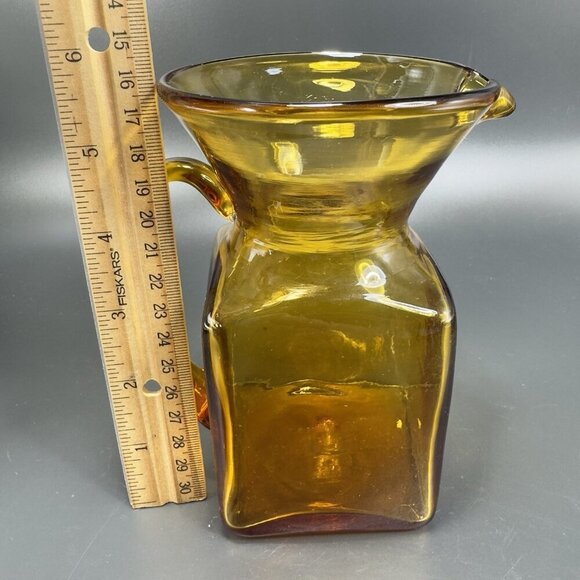 Mid Century Hand Blown Art Glass Pitcher Jug Carafe Amber With Handle Hand Made - Picture 3 of 12